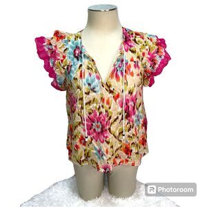 House of Harlow 1960 Floral Print Ruffle Sleeves Peasant Blouse Top Women Size M